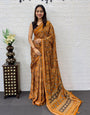 Ajrakh Chinnon Printed Saree with Tassel Detailing & Attached Blouse (No Mirror Work)
