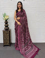 Plum Purple Modal Silk Saree with Traditional Ajrakh Print & Mirror Work | Ethnic Festive Wear Saree