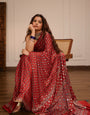 Ajrakh Chinnon Printed Saree with Tassel Detailing & Attached Blouse (No Mirror Work)