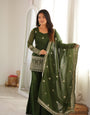 Emerald Green Crunchy Silk Embroidered Kurta Set with Bell Bottom Pants & Embellished Dupatta