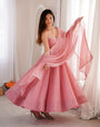 Blush Pink Crunchy Silk Flared Anarkali Suit Set with Swarovski Work & Designer Dupatta