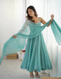 Aqua Blue Crunchy Silk Flared Anarkali Suit Set with Swarovski Work & Designer Dupatta