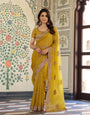Mustard Yellow Fendy Satin Embroidered Saree with Elephant Motifs & Zari Border | Designer Festive Saree with Tassels & Heavy Embroidered Blouse