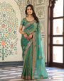 Sea Green Fendy Satin Embroidered Saree with Elephant Motifs & Heavy Zari Border | Designer Festive Wear Saree with Tassels & Embroidered Blouse