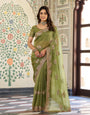 Olive Green Fendy Satin Embroidered Saree with Elephant Motifs & Zari Border | Designer Festive Saree with Tassels & Heavy Embroidered Blouse