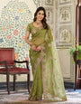 Olive Green Fendy Satin Embroidered Saree with Paisley Motifs & Zari Border | Designer Festive Saree with Tassels & Heavy Embroidered Blouse