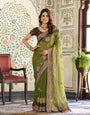 Olive Green Fendy Satin Designer Embroidered Saree with Floral & Paisley Motifs | Premium Festive Saree with Zari Border, Tassels & Heavy Embroidered Blouse