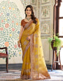 Dual Tone Mustard Yellow & Rust Fendy Satin Embroidered Saree with Paisley Motifs & Zari Border | Designer Festive Saree with Tassels & Heavy Embroidered Blouse