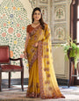 Mustard Yellow Fendy Satin Embroidered Saree with Ethnic Elephant Motifs & Contrast Zari Border | Designer Saree with Tassels & Heavy Embroidered Blouse