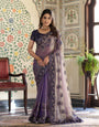 Lavender Purple Fendy Satin Embroidered Saree with Ethnic Elephant Motifs & Designer Zari Border | Festive Saree with Tassels & Heavy Embroidered Blouse
