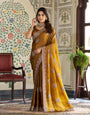 Antique Mustard Gold Fendy Satin Designer Saree with Zari Circular Motifs & Heavy Embroidered Border | Festive Wedding Wear Saree with Blouse