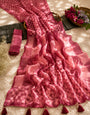 Rani Pink & Blush Pink Geometric Check Printed Mul Cotton Saree with Tassels & Attached Blouse