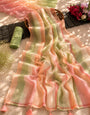 Pastel Multicolour Striped Mul Cotton Saree in Peach, Blush Pink, Ivory & Pista Green with Tassels & Attached Blouse