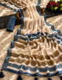 Ivory, Mocha Brown & Navy Blue Mul Cotton Saree with Bold Striped Pallu, Tassels & Attached Blouse