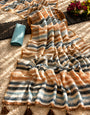 Multicolour Striped Mul Cotton Saree in Ivory, Tan & Blue with Tassels & Attached Blouse