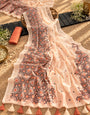Peach Ivory Mul Cotton Saree with Mosaic Floral Print, Tassels & Attached Blouse