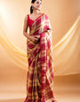 Red & Beige Checks Mul Cotton Saree with Tassels & Attached Blouse Piece