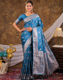 Sky Blue Kanjivaram Banarasi Satin Silk Saree with Silver Zari Weaving, Designer Woven Pallu & Tassel Detailing