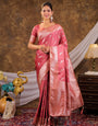 Rose Pink Kanjivaram Banarasi Satin Silk Saree with Silver Zari Weaving, Designer Woven Pallu & Tassel Detailing
