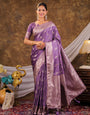 Lavender Purple Kanjivaram Banarasi Satin Silk Saree with Silver Zari Weaving, Designer Woven Pallu & Tassel Detailing