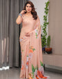 Peach Satin Georgette Floral Printed Saree with Attached Blouse ā Soft Pastel Designer Saree for Festive & Elegant Wear