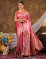 Rose Pink Kanjivaram Banarasi Satin Silk Saree with Silver Zari Weaving, Floral Woven Border, Rich Designer Pallu & Tassels