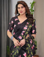 Black Satin Georgette Lotus Floral Printed Saree with Attached Blouse – Elegant Designer Saree for Festive & Evening Wear