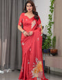 Coral Red Satin Georgette Floral Printed Saree with Attached Blouse – Elegant Designer Saree for Festive & Party Wear