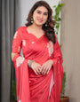 Coral Red Satin Georgette Floral Printed Saree with Attached Blouse ā Elegant Designer Saree for Festive & Party Wear