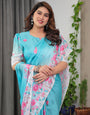 Aqua Blue Satin Georgette Pink Floral Printed Saree with Attached Blouse ā Soft Pastel Designer Saree for Elegant & Festive Wear