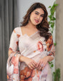 Ivory Beige Satin Georgette Abstract Floral Printed Saree with Attached Blouse ā Elegant Designer Saree for Festive & Sophisticated Wear