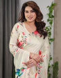 Ivory Cream Satin Georgette Floral & Bird Printed Saree with Attached Blouse ā Elegant Nature-Inspired Designer Saree