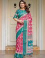 Rani Pink & Teal Green Floral Printed Saree with Rich Zari Border & Tassels ā Festive Traditional Wear
