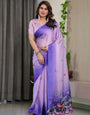 Lavender & Royal Purple Ombre Satin Georgette Floral Printed Saree with Attached Blouse ā Soft Pastel Bloom Designer Drape