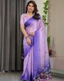 Lavender & Royal Purple Ombre Satin Georgette Floral Printed Saree with Attached Blouse – Soft Pastel Bloom Designer Drape