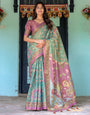 Aqua Green & Lilac Handloom Cotton Saree with Floral Vine Print & Majestic Bird Pallu