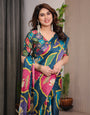 Teal Blue Satin Georgette Lotus Medallion Printed Saree with Attached Blouse ā Multicolour Floral Designer Drape