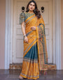 Mustard Yellow & Teal Green Floral Panel Printed Handloom Cotton Saree with Heritage Border & Tassels ā Festive Traditional Wear