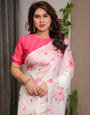 Ivory White Satin Georgette Floral Printed Saree with Pink Blouse ā Soft Blossom Designer Drape