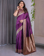 Violet Pure Kanjivaram Silk Saree with Ornate Golden Floral Zari Border & Blouse – 5.5m Saree + 0.8m Blouse Piece