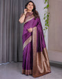 Violet Pure Kanjivaram Silk Saree with Ornate Golden Floral Zari Border & Blouse ā 5.5m Saree + 0.8m Blouse Piece