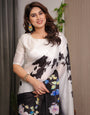 Ivory White & Black Satin Georgette Floral Printed Saree with Attached Blouse ā Elegant Contrast Bloom Designer Drape