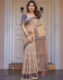 Cream & Navy Blue Floral Paisley Printed Handloom Cotton Saree with Heritage Border & Tassels ā Festive Ethnic Wear