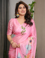 Blush Pink Satin Georgette Floral Printed Saree with Attached Blouse ā Soft Pastel Bloom Designer Drape