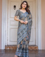 Charcoal Grey & Indigo Blue Ethnic Handloom Cotton-Linen Saree with Woven Border & Tassels ā Traditional Elegant Wear