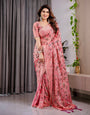 Blush Pink Fendy Chiffon Saree with Foil & Block Prints, Pearl Lace Border & Tassels