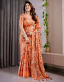 Sunset Orange Fendy Chiffon Saree with Foil & Block Print, Tassel Detail & Pearl Border