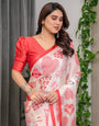 Ivory Pink & Red Love-Themed Satin Georgette Saree with Heart Prints and Romantic Pallu | Attached Blouse