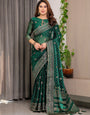 Emerald Green Fendi Satin Block & Foil Printed Saree with Traditional Butti Motifs, Tassel Edges & Attached Blouse