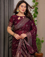 Wine Maroon Fendi Satin Block & Foil Printed Saree with Traditional Butti Motifs, Tassel Edges & Attached Blouse